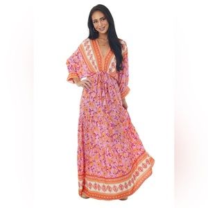 Aakaa Boho Pink Printed Dolman Sleeve Maxi Dress NWOT Sz S